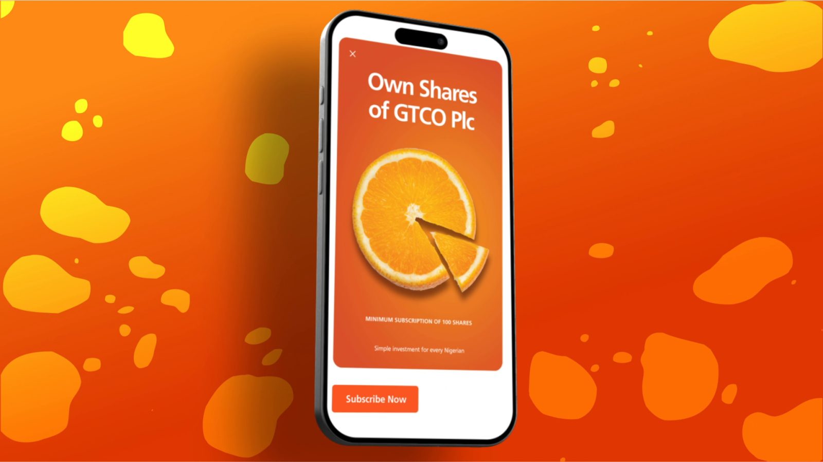 Phone mockup showing the Own Shares of GTCO Plc subscription screen