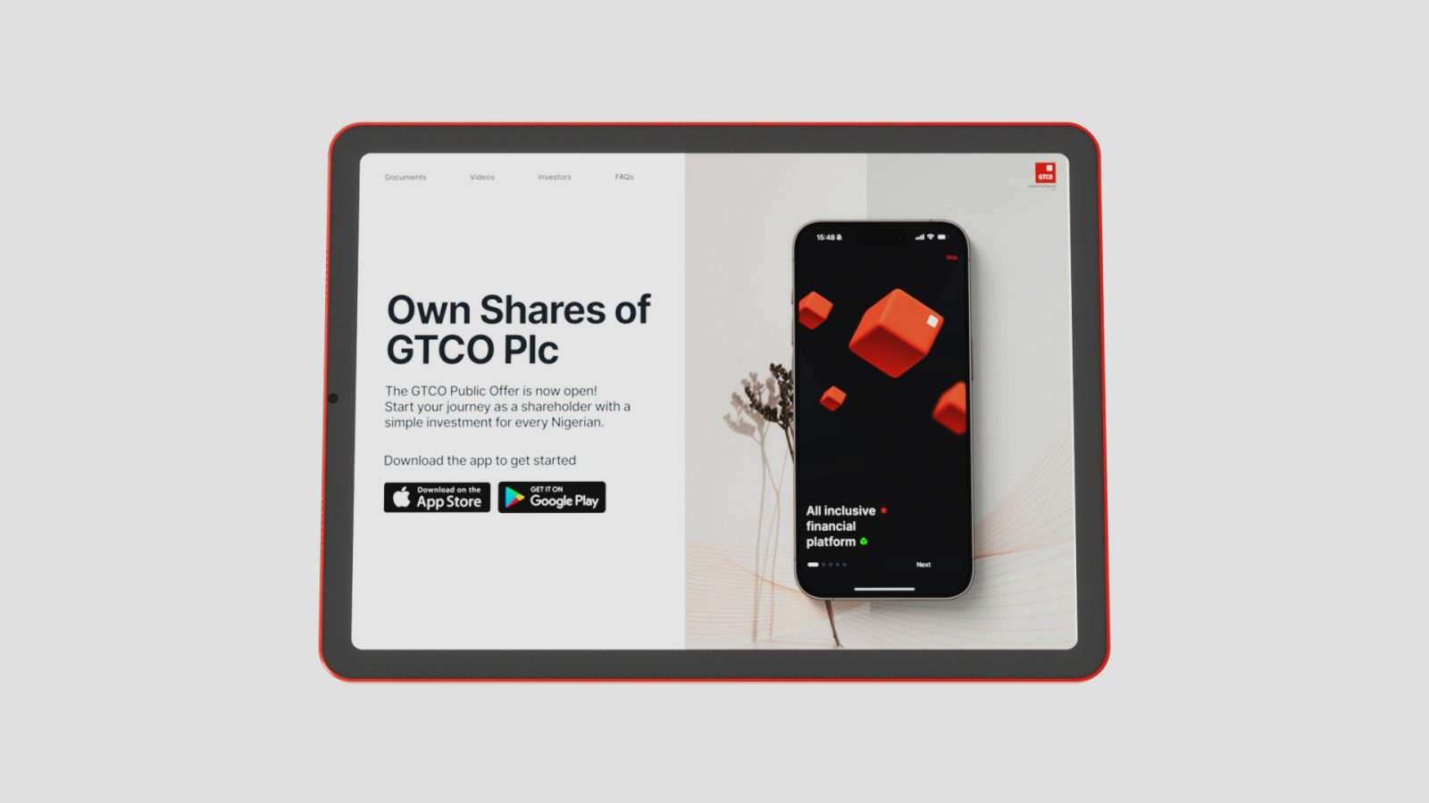 Tablet mockup of the GTCO public offer landing page
