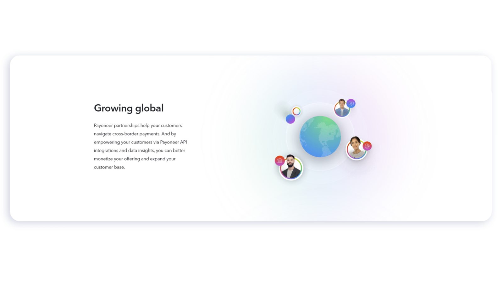 A Growing global section with client portraits orbiting a globe