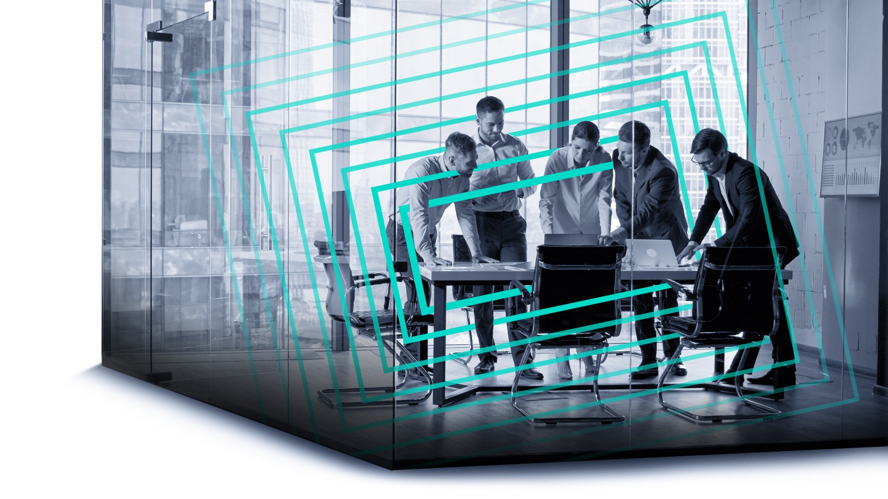 Five colleagues around a boardroom table inside a glass room, overlaid with teal nested frames