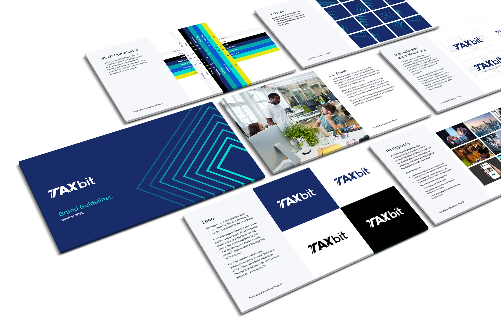 Taxbit brand guidelines pages arranged in perspective: cover, logo, colour accessibility, textures and photography