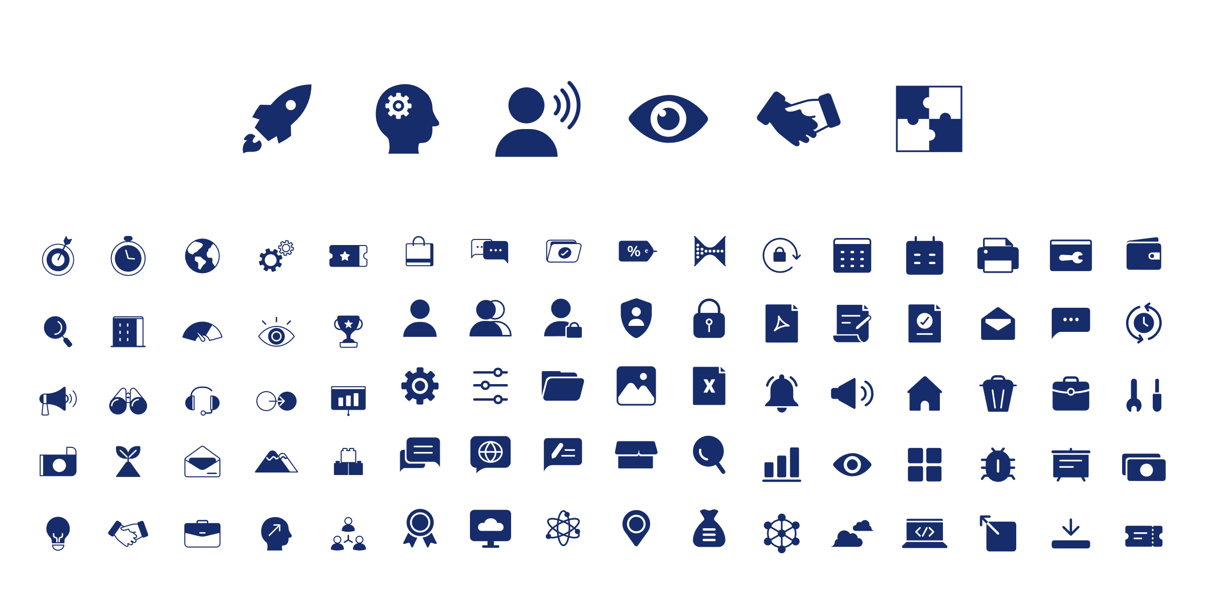 Taxbit icon library: a set of solid navy icons covering business, finance, communication and technology