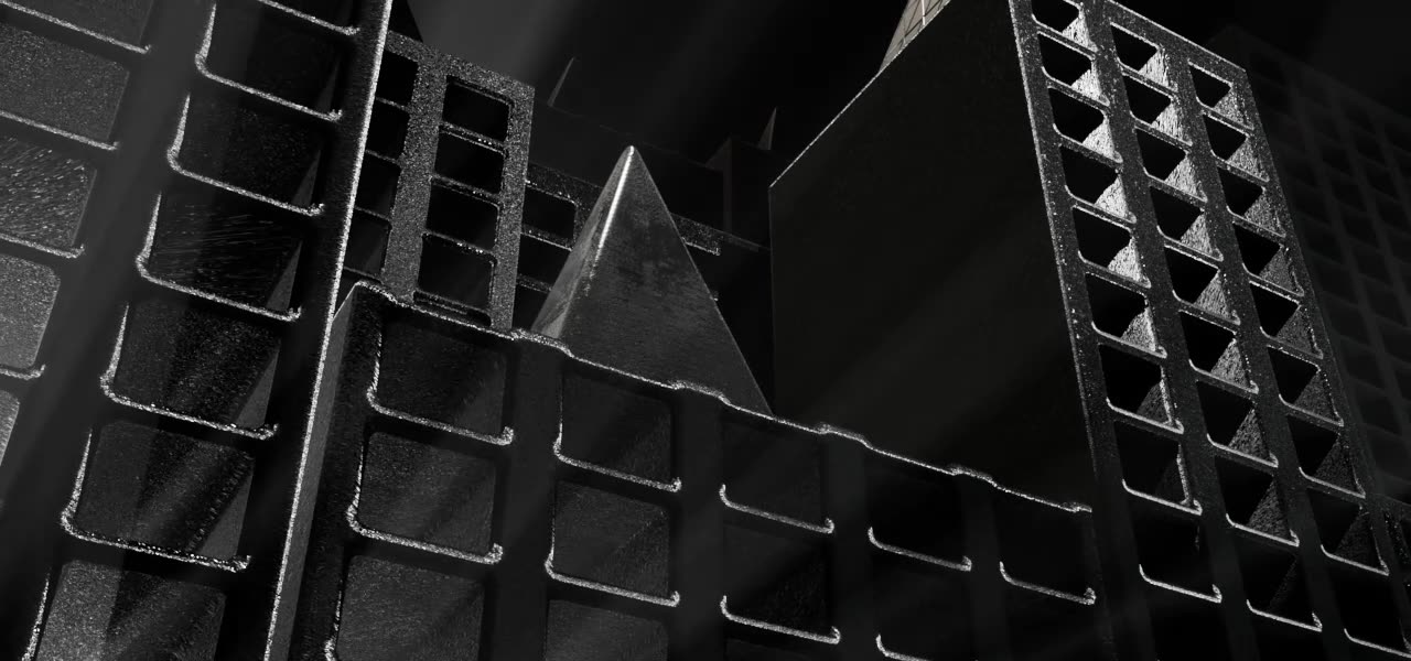 Low-angle monochrome render of brutalist concrete towers and a pyramid