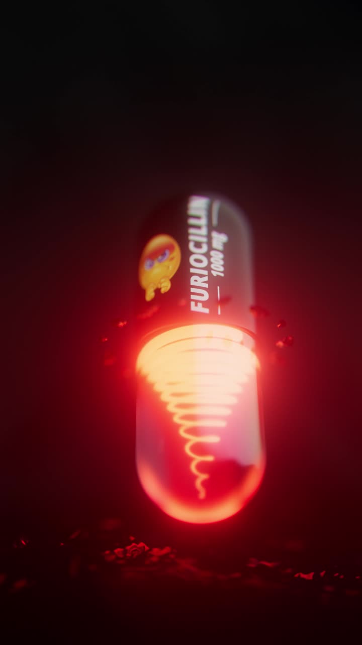 A glowing red capsule labelled Furiocillin with a storm swirling inside it
