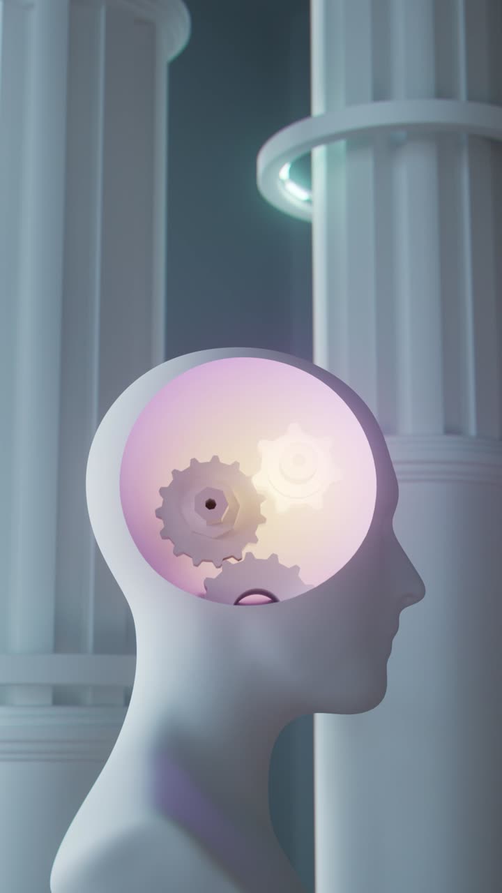 A pastel 3D head with gears turning behind a glass dome, between classical columns