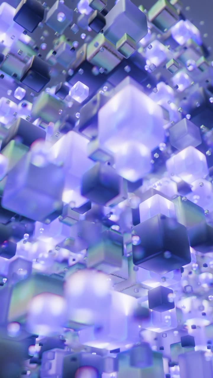 A drifting field of glowing iridescent cubes in violet and blue