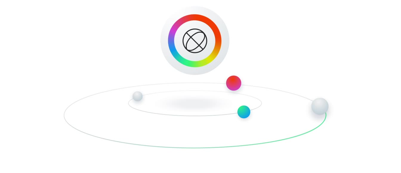 Spheres orbiting a ringed brand mark on white