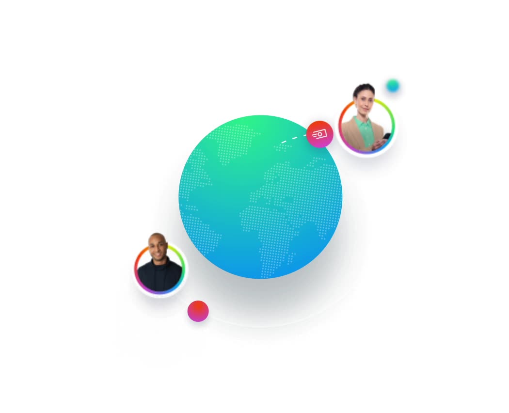A gradient globe with client portraits and a payment icon orbiting it