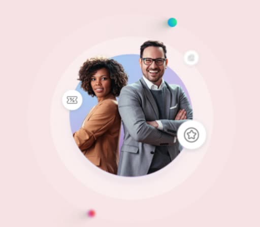Benefit icons assembling around a central mark