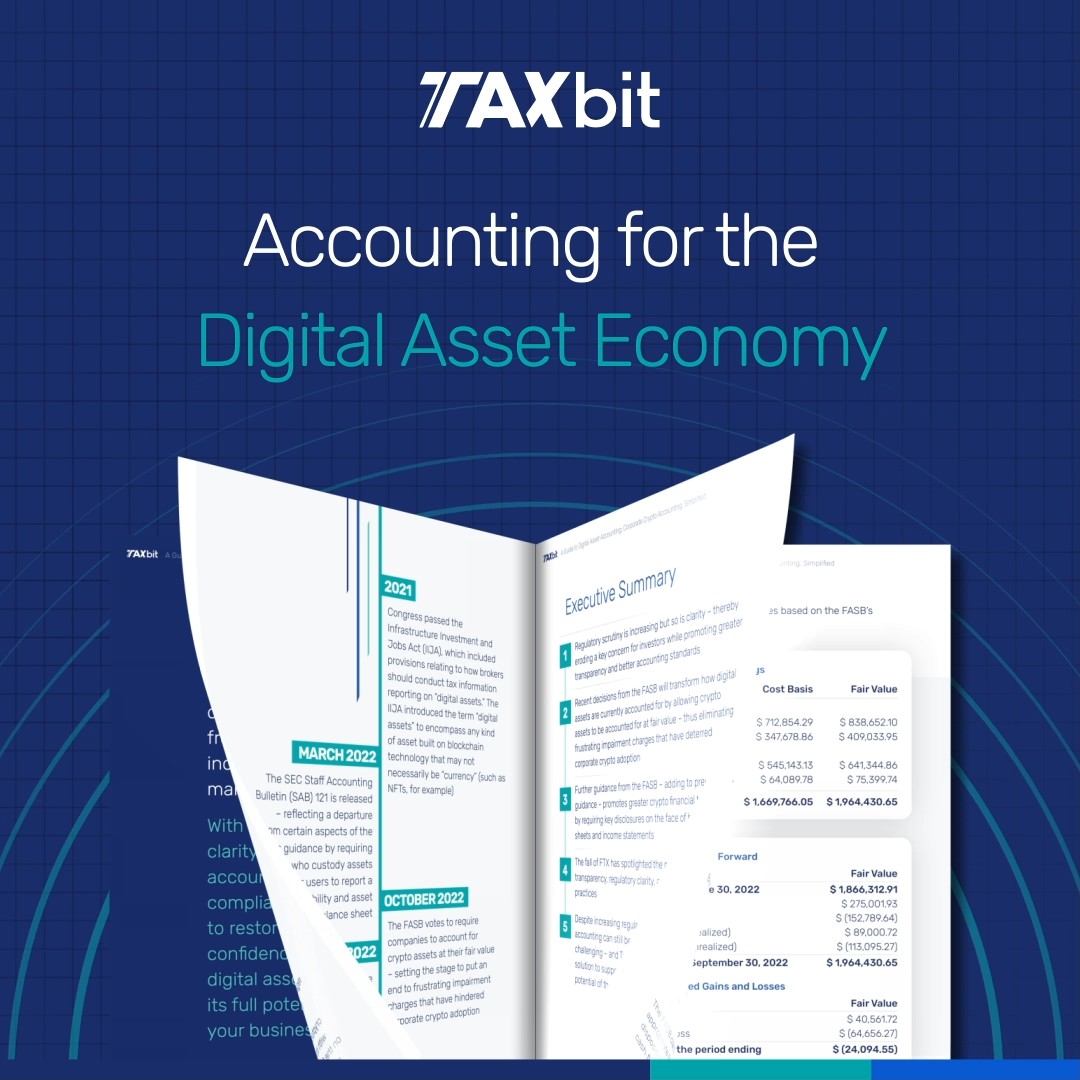 Taxbit ebook ad: Accounting for the Digital Asset Economy, with the ebook pages opening below the title